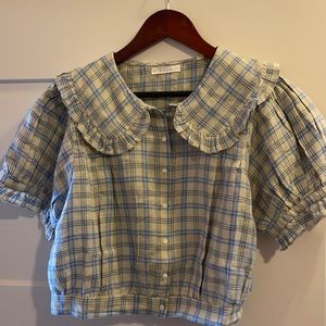 Doen Sparrow top in blue meadowlark plaid size L